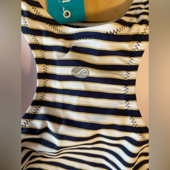 Calypsa by Modli Maya Swim Top Tankini White Navy Gold Striped - Picture 8 of 12